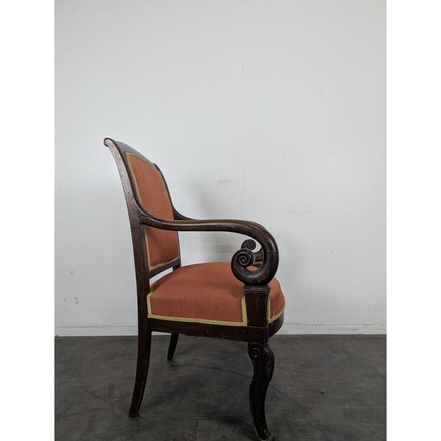 Restoration Style Mahogany Armchair with Curved Armrests and Orange Fabric For Sale - Image 5 of 11
