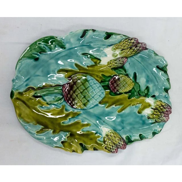 Barbotine dish for vegetables: asparagus or artichokes as it is represented or for any other vegetables or use. French art...