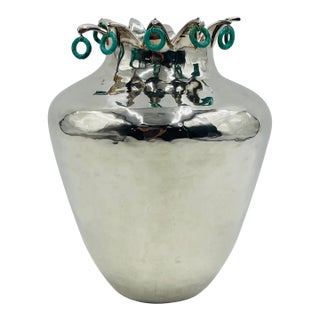 1980s Emilia Castillo Silver Vase With Stone Accents, Signed, Taxco Mexico For Sale