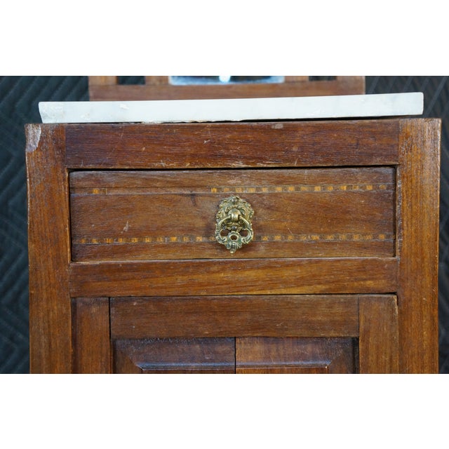 Antique Edwardian Walnut Neoclassical Inlaid Washstand Cabinet With Marble Top & Mirror For Sale - Image 10 of 18