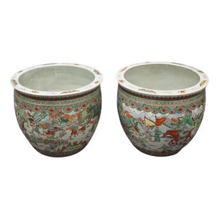Pair of Chinese Famille Verte Large Porcealin Planters For Sale