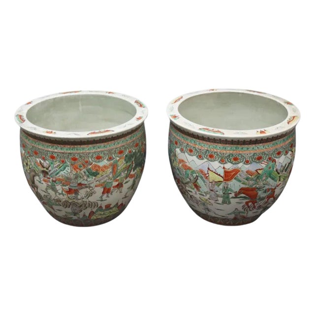 Pair of Chinese Famille Verte Large Porcealin Planters For Sale