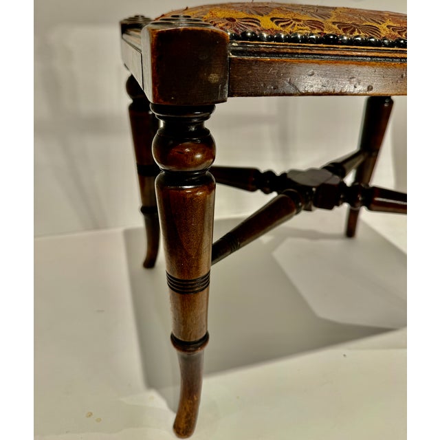 Antique English Hardwood Footstool, Aesthetic Movement Embossed Leather Circa 1880 For Sale - Image 11 of 13
