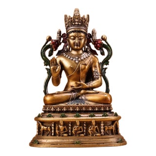 Vintage Gilt Bronze Seated Buddha Statue With Polychrome Accents and Figural Base For Sale