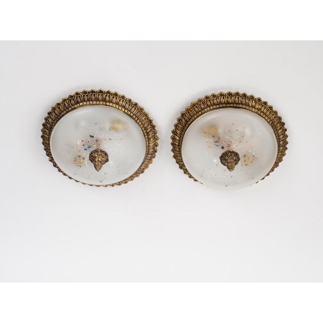 French Country 1960s Spanish Brass Flush Mounts & Etched Frosted Glass - A Pair For Sale - Image 3 of 11