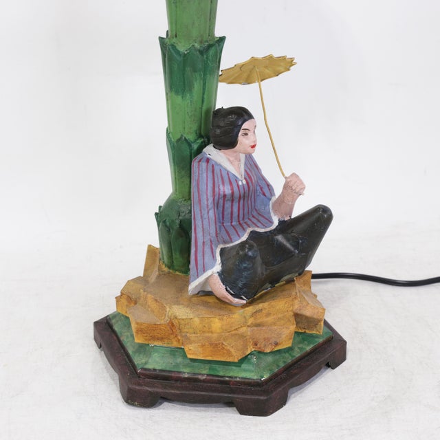 Pair of Vintage Hand-Painted Chinoiserie Tole Palm Tree and Figurine Table Lamps For Sale - Image 11 of 12