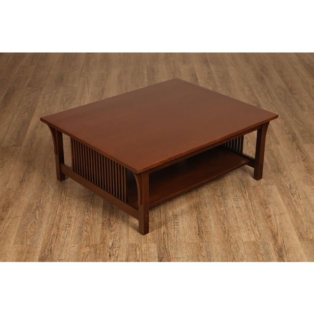 High Quality American Made Solid Oak Wood Two-Tier Square Coffee Table with Spindled Sides. Very Nicely Refinished