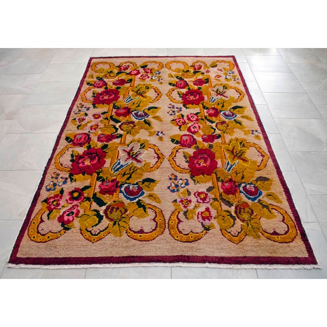 Sand 1920s Vintage Turkish Oushak Rug Hand Knotted Area Rug - 4′10″ × 8′5″ For Sale - Image 8 of 12