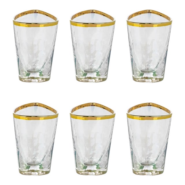 Kampari Triangular Shot Glasses with Gold Rim, Luster, Set of 6 For Sale