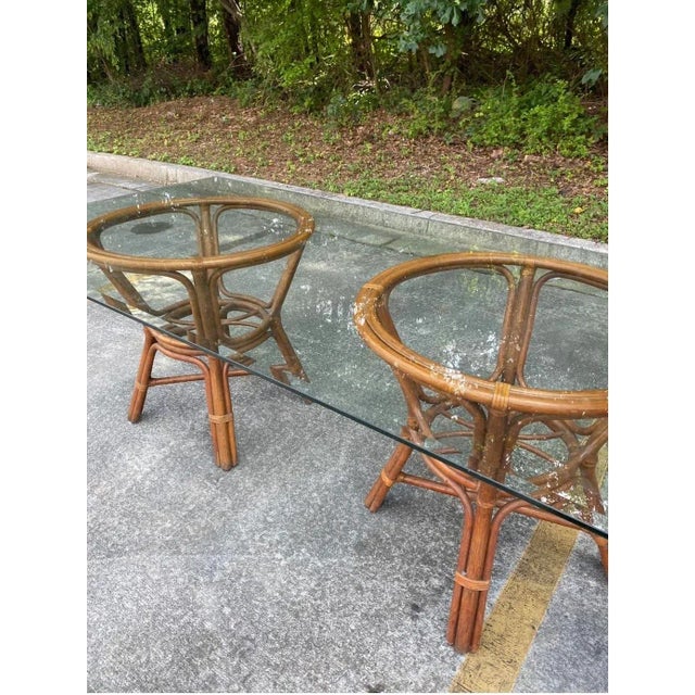 Mid-Century Modern 1970s Bamboo Double Pedestal Dining Table with Glass For Sale - Image 3 of 7