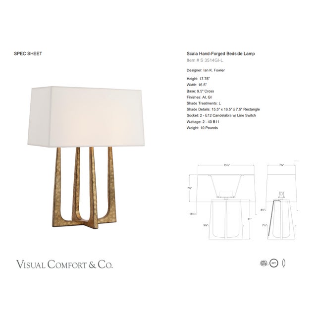 Ian K. Fowler by Visual Comfort Signature Scala Hand-Forged Bedside Lamp in Gilded Iron with Linen Shade Designer: Ian K....