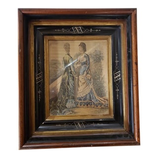 Circa 1880 French Victorian Eastlake Hand Colored Fashion Print Plate Set in Walnut Ebonized Wood Frame, Laure Noel For Sale