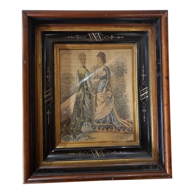 Circa 1880 French Victorian Eastlake Hand Colored Fashion Print Plate Set in Walnut Ebonized Wood Frame, Laure Noel For Sale