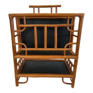 Vintage Mid Century Chinese Chippendale Bamboo and Black Rattan Magazine Rack For Sale