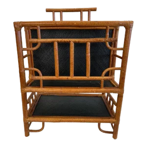 Vintage Mid Century Chinese Chippendale Bamboo and Black Rattan Magazine Rack
