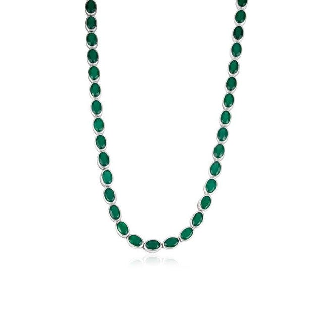 Metal 21.78 Carat Green Onyx Bezel-Set Gemstone Tennis Necklace- 925 Sterling Silver Jewelry For Sale - Image 7 of 12