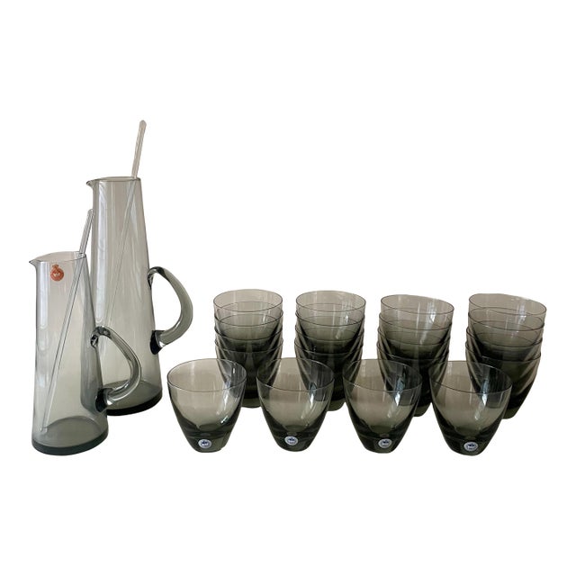 Vintage Mid Century Modern Smoked Glass Per Lütken for Holmegaard Set of 2 Pitchers With 20 Glasses For Sale