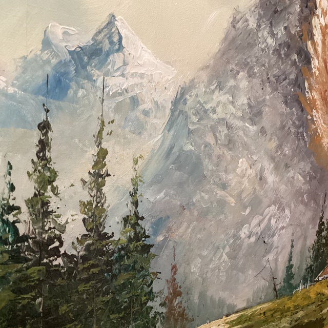 Textile Original Painting of a Mountain Landscape with Lake and Evergreen Trees Signed Framed For Sale - Image 7 of 12