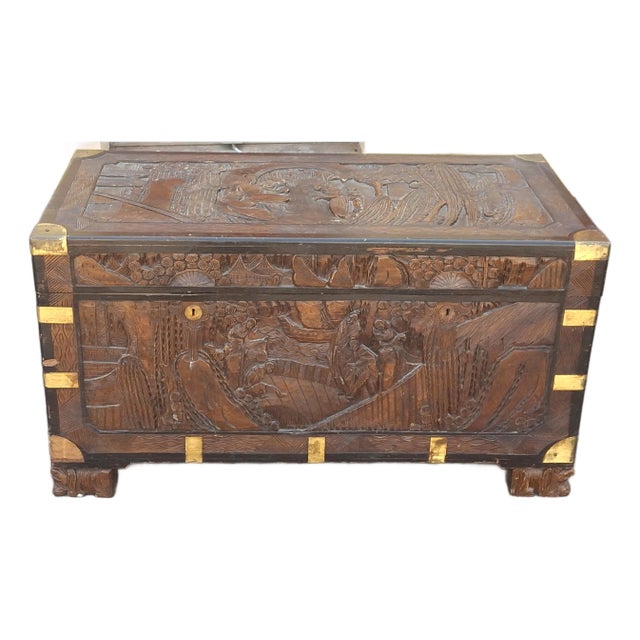 20th Century Chinese Carved Camphorwood Coffer With Brass Accents For Sale