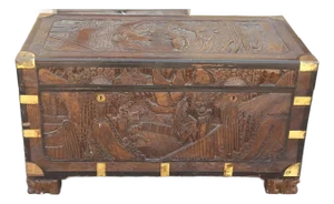 20th Century Chinese Carved Camphorwood Coffer With Brass Accents