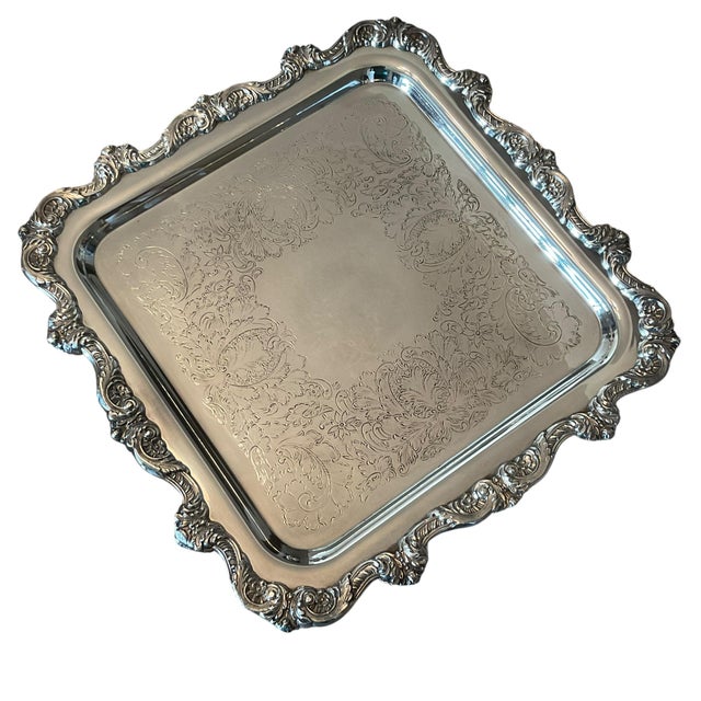 Metal Mid-Century Poole Silver-Plated Footed Serving Tray, Circa 1950, 12” Square For Sale - Image 7 of 14