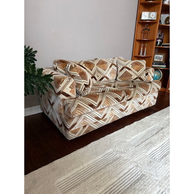 Mid-Century Modern Vintage 1970s Groovy Loveseat Sofa With Jack Lenor Larson Fabric For Sale - Image 3 of 12