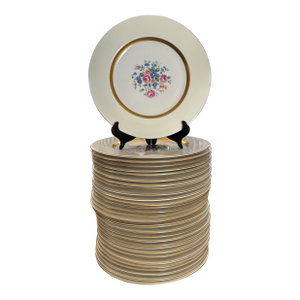 Mid 20th Century Theodore Haviland Gainsborough Gold Banded Floral Medallion Center Cabinet Dinner Plates- Set of 30