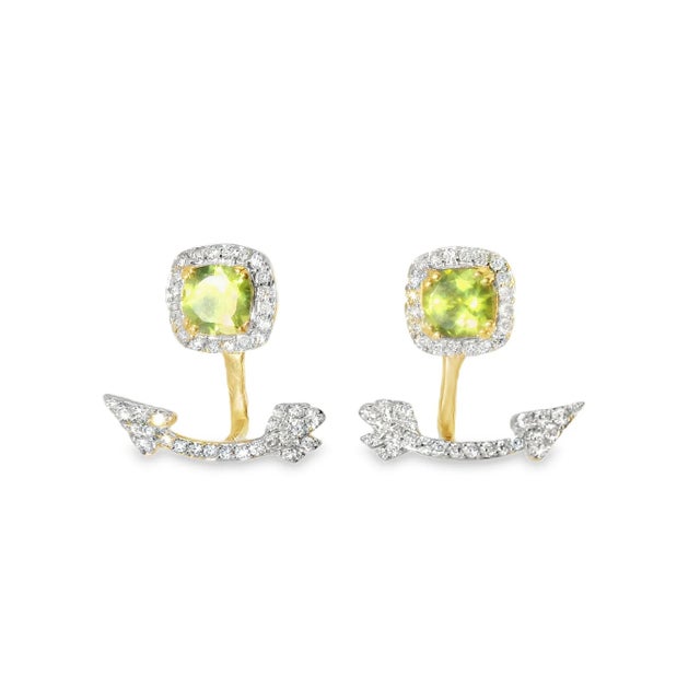 Contemporary Late 20th Century 14K Yellow Gold Peridot Diamond Hanging Arrow Earrings, Pair For Sale - Image 3 of 3