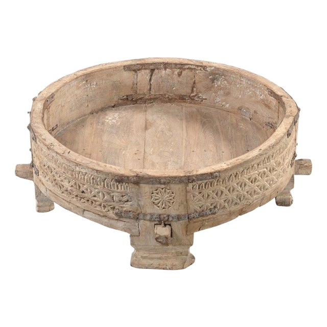 Vintage Indian Carved and Bleached Teakwood Grinder or Chakki Table For Sale