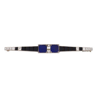 Art Deco Platinum Bar Brooch - Lapis Lazuli, Onyx & Diamonds - Circa 1920 For Sale