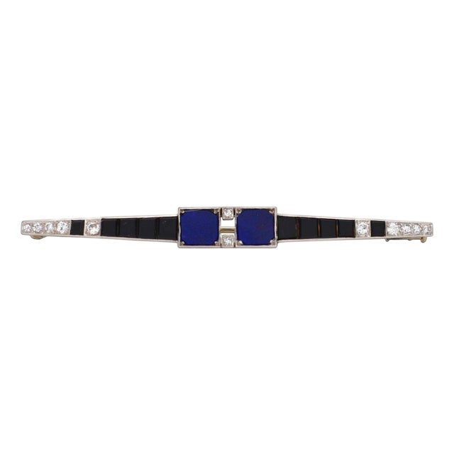 Art Deco Platinum Bar Brooch - Lapis Lazuli, Onyx & Diamonds - Circa 1920 For Sale