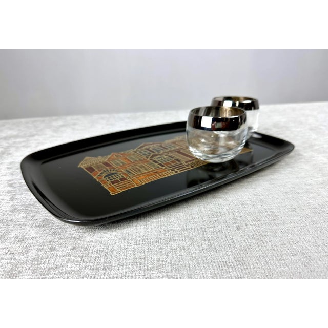 Black Mid Century Couroc Serving / Bar Tray With Rowhouses Motif For Sale - Image 8 of 10