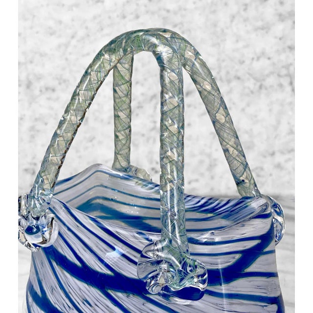 Mid 20th Century Vintage Blown Art Glass Blue Stripe Handbag Purse Vase For Sale - Image 5 of 9