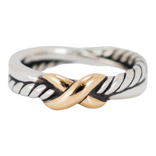 David Yurman Crossover 925 Silver & 18k Yellow Gold 4 MM Petite X Band Ring, Size 4 For Sale