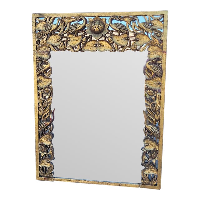 1950 Heavily Carved Hollywood Chinese With Birds Mirror New Glass. For Sale