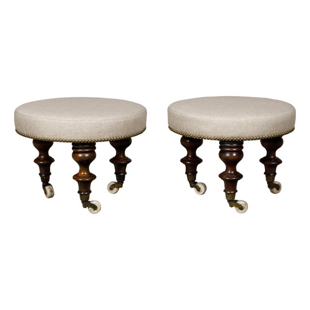 English Mahogany Stools with 19th Century Turned Legs on Casters, a Pair For Sale
