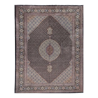 Antique Persian Tabriz Mahi Rug, Hand-Knotted Wool & Silk, Herati Geometric Pattern, Navy & Ivory, 9x12 For Sale
