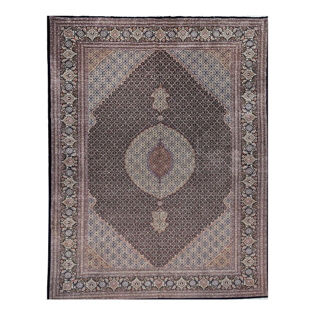 Antique Persian Tabriz Mahi Rug, Hand-Knotted Wool & Silk, Herati Geometric Pattern, Navy & Ivory, 9x12 For Sale