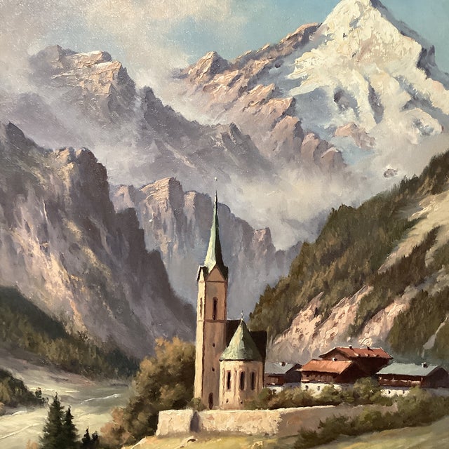 Early 20th Century Mid Century Modern Oil Painting Alpine Church Landscape by Othmar Wagner Austria For Sale - Image 4 of 12