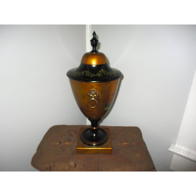 French Provincial Vintage French Provincial Toleware Hand Painted Urn With Birds & Flowers Lion Handles For Sale - Image 3 of 7