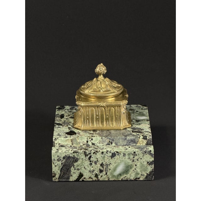 Art Nouveau French Gilt Bronze and Marble Inkwell by Louchet, Paris, 1900 For Sale - Image 3 of 13