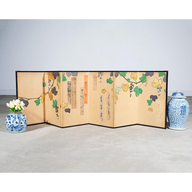 Fascinating Japanese six-panel folding Harimaze Byobu screen featuring Edo period antique calligraphy fragments and poem...