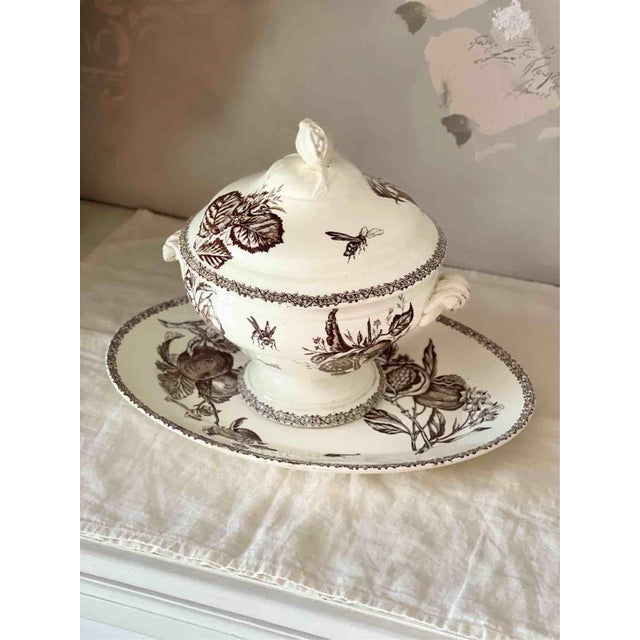 Antique Late 19th Century Terre de Fer Soup Tureen and Serving Plate with Fruit and Insect Decoration from Choisy Le Roi, Set of 2 For Sale - Image 4 of 18