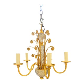 1930 French Gilt Metal and Crystal Chandelier 5 Lights For Sale