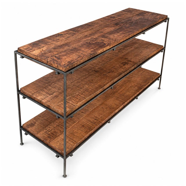 Rich farmhouse style salvaged mango wood and gunmetal iron shelf / console table. Each has slight variations in exact wood...