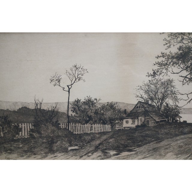 Black Antique Ernest C Rost Country Road Cottage Trees Lake Landscape Etching 30" For Sale - Image 8 of 11