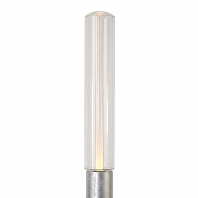 Clear polycarbonate cylinder with domed cap, raw aluminium tube, cast-iron base. E27 socket with a 2w dimmable led tube...