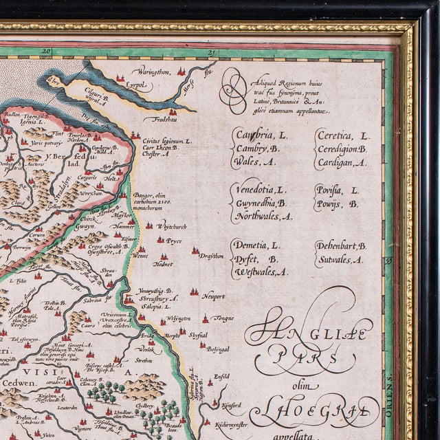 Glass Antique Map of Wales, Belgian, Framed Atlas Excerpt, Elizabethan, Humphrey Llwyd For Sale - Image 7 of 12