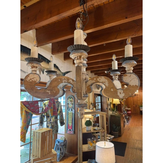 Early 20th Century Large Blue and White Chippy Wood Chandelier For Sale - Image 10 of 14