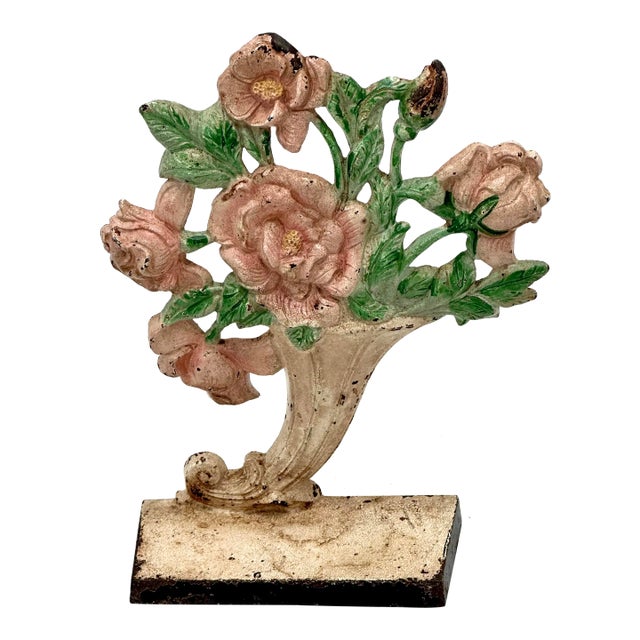 Hard 2 Find Vintage 1930s Hubley Manufacturing Co. #441 Pink Roses in Slanted Vase Cast Iron Flower Doorstop For Sale